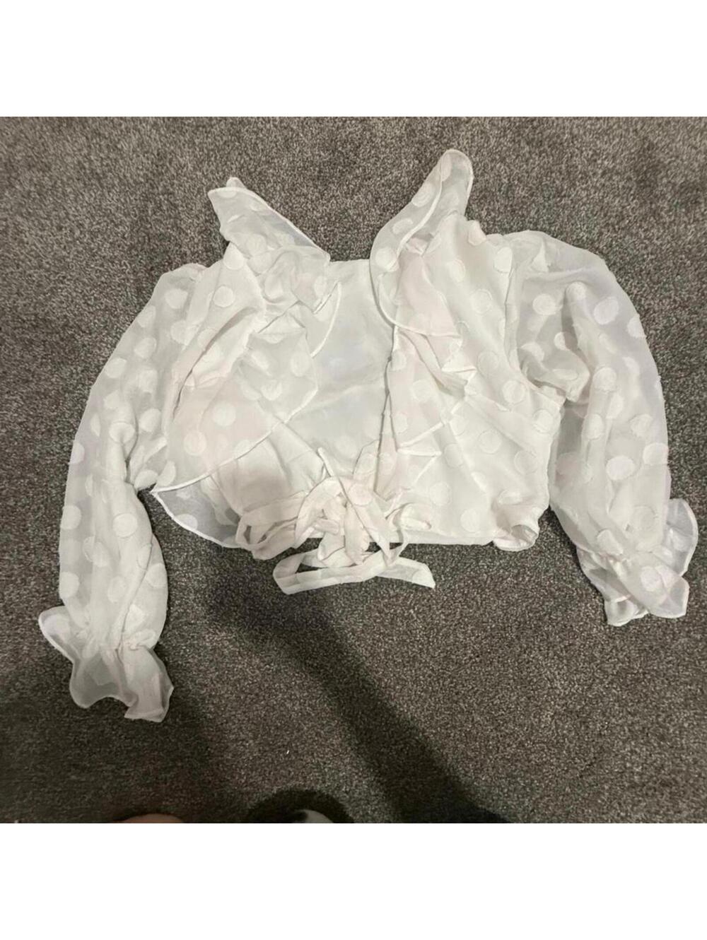 White wrap long sleeve boho preppy cute summer sheer polka dot tie blouse